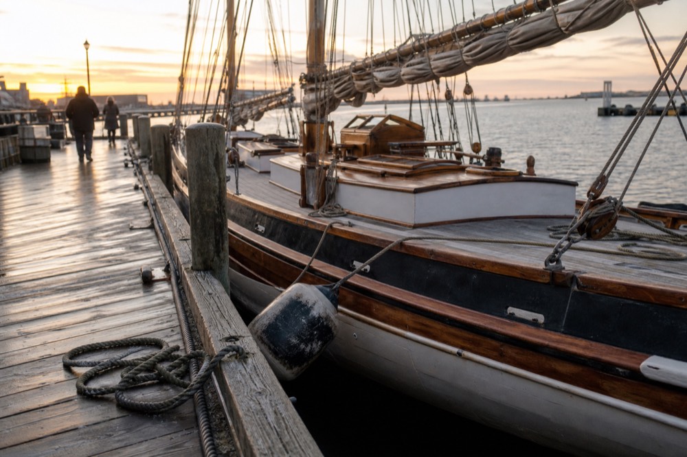 Historic schooner moored at a wooden dock in warm evening light, no text, no logos, no people