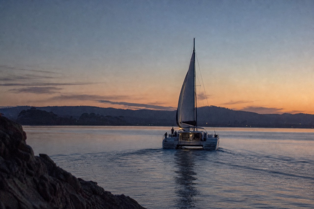 A catamaran under sail on calm water near Key West at dusk, no text, no logos, no people.