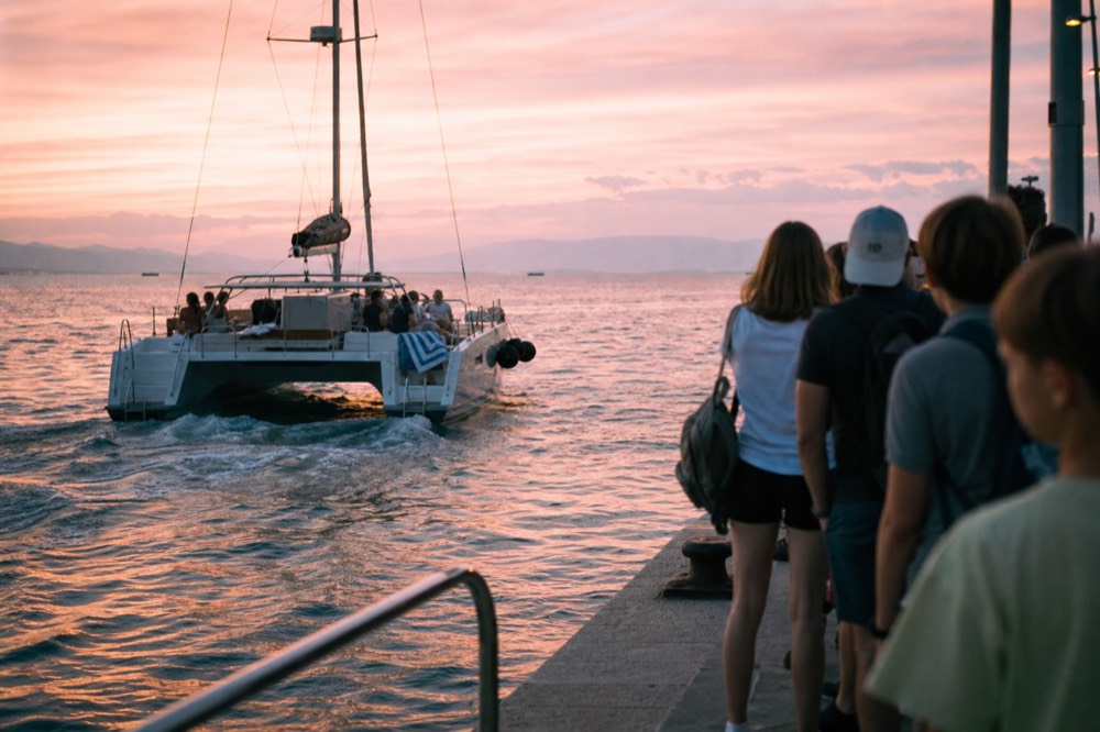 A quiet catamaran sailing away from a crowded waterfront at golden hour, no text, no logos, no people