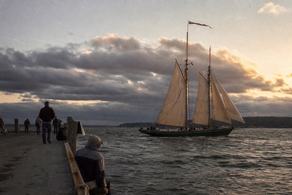 Historic schooner with sails up in golden evening light, no text, no logos, no people