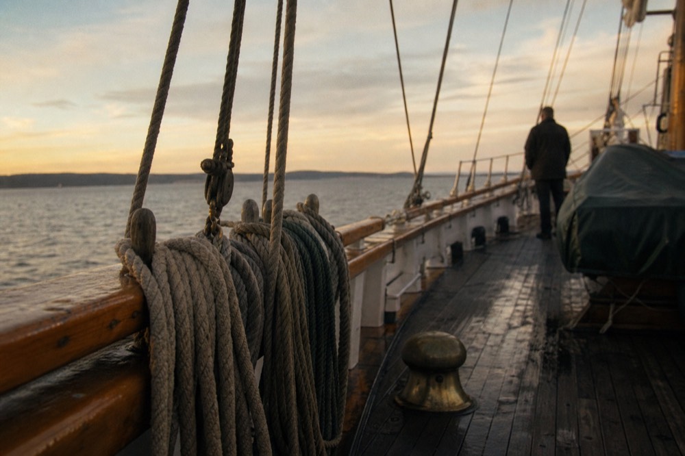 Wooden schooner deck with rigging and coiled rope in warm evening light, no text, no logos, no people