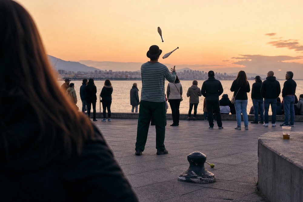 Street performer juggling near a crowd at a waterfront plaza as the sky glows orange, no text, no logos, no people