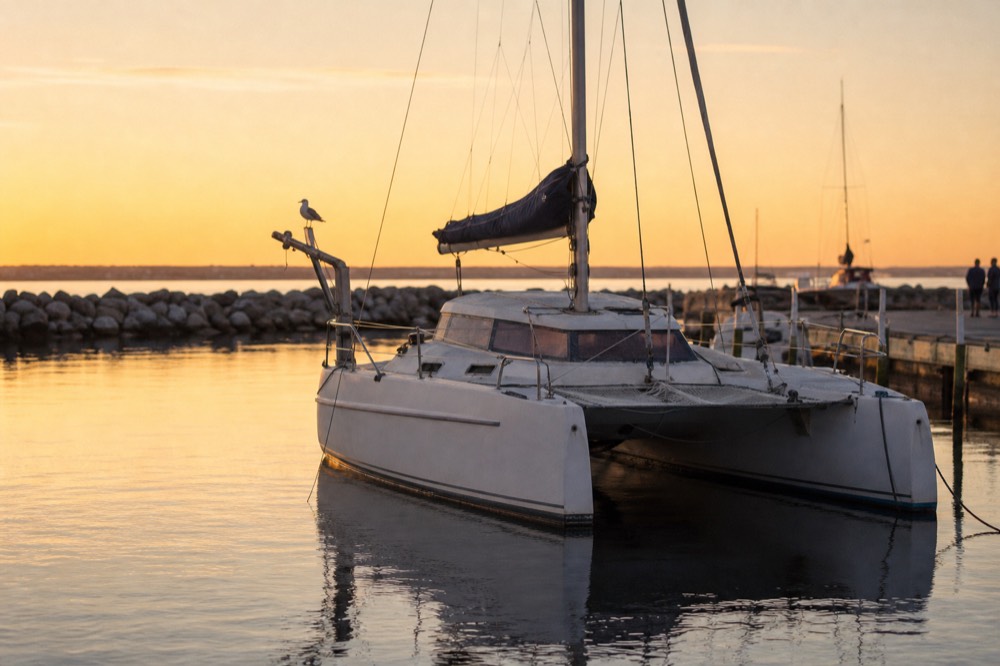 A small catamaran anchored near a Key West marina at golden hour, calm water, no text, no logos, no people