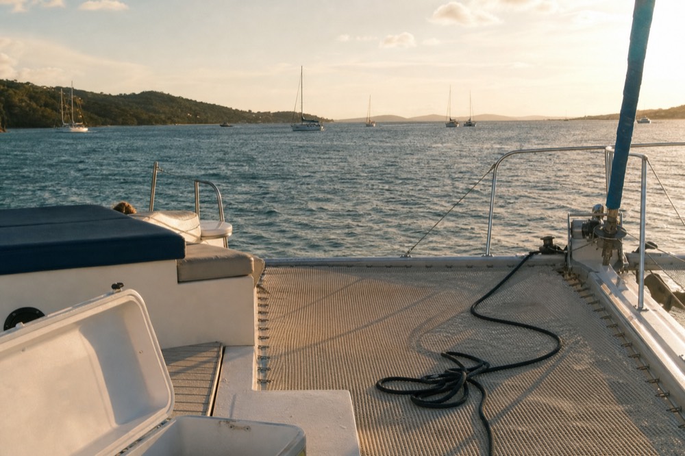 A wide catamaran deck with netting and seating in golden evening light, no text, no logos, no people
