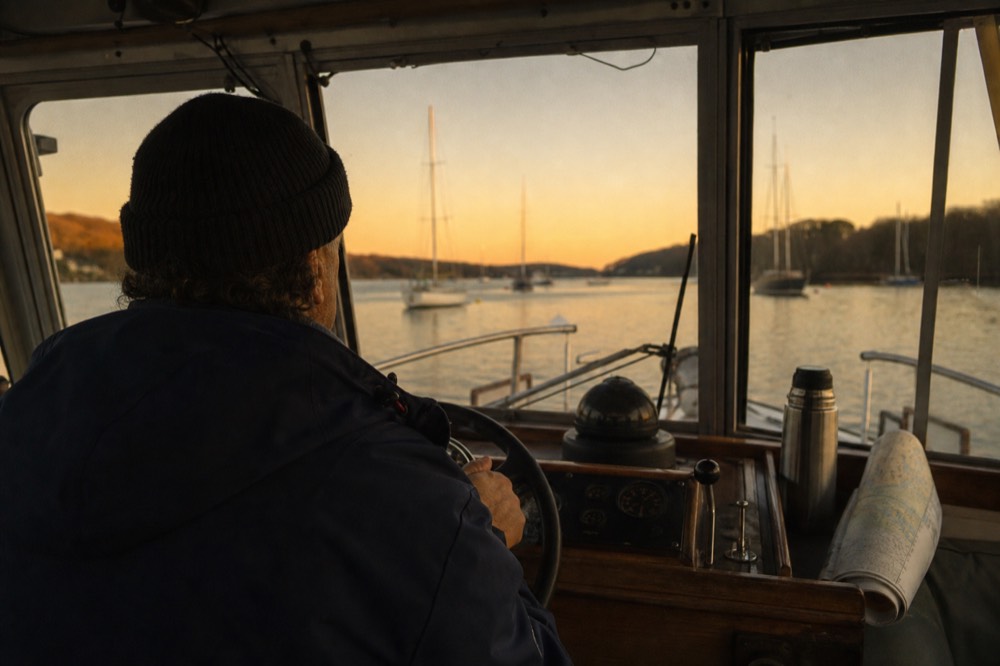 A licensed captain at the helm of a sailing vessel in evening light, no text, no logos, no people.